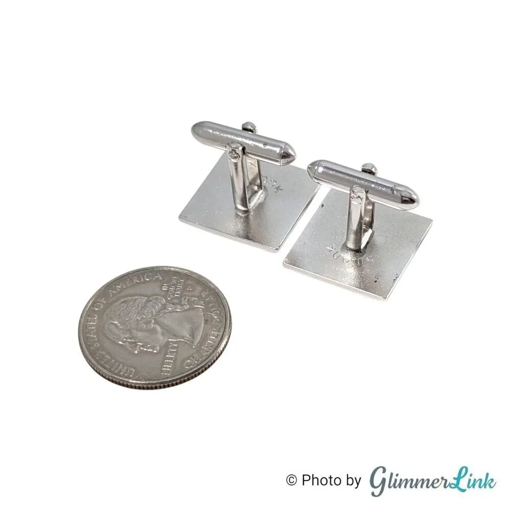 Vintage Swank Square Fleur de Lis Diagonal Stripes Silver Tone Cufflinks